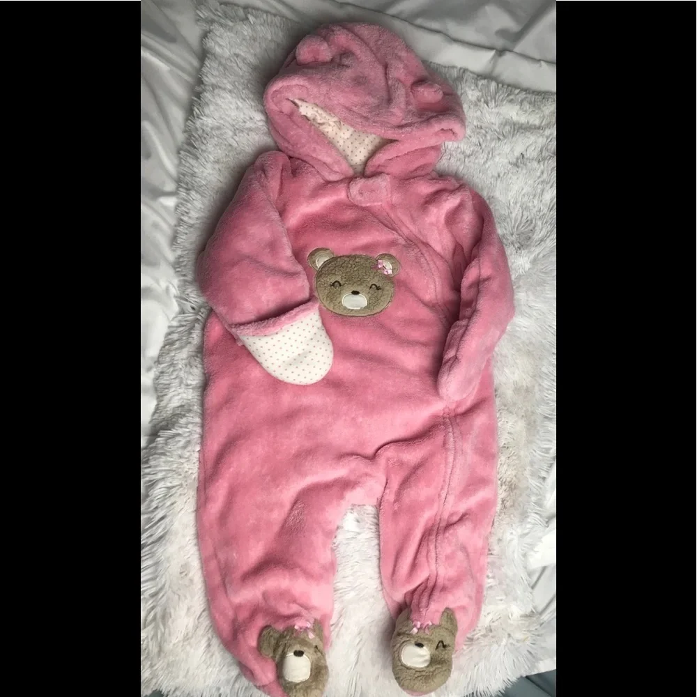 SMALL WONDERS 12M pink faux fur bear bunting suit